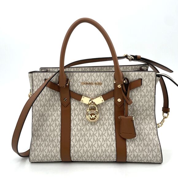 Michael Kors Nouveau Hamilton Handbag Satchel Crossbody Large Logo White *FLAW - Picture 1 of 14